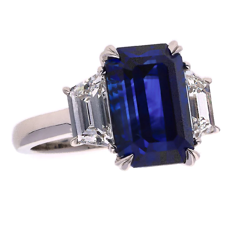 Women’s oval gemstone rings-Sri Lanka Emerald Cut Sapphire and Diamond Platinum Ring