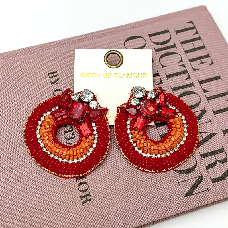 Women’s charm earrings-Circle Beaded Post Earrings with Jeweled Detailing in Red