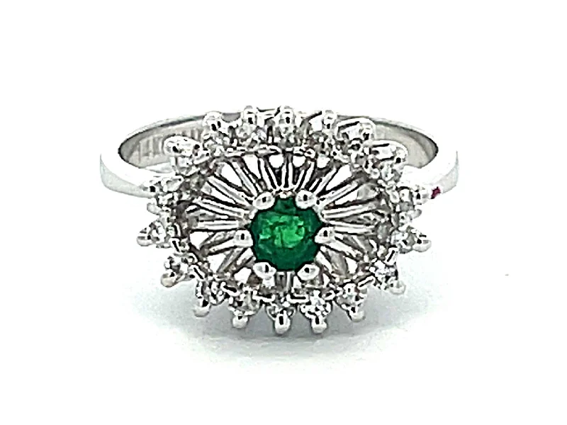 Women’s stackable rings-Green Emerald and Diamond Halo Ring in 14k White Gold