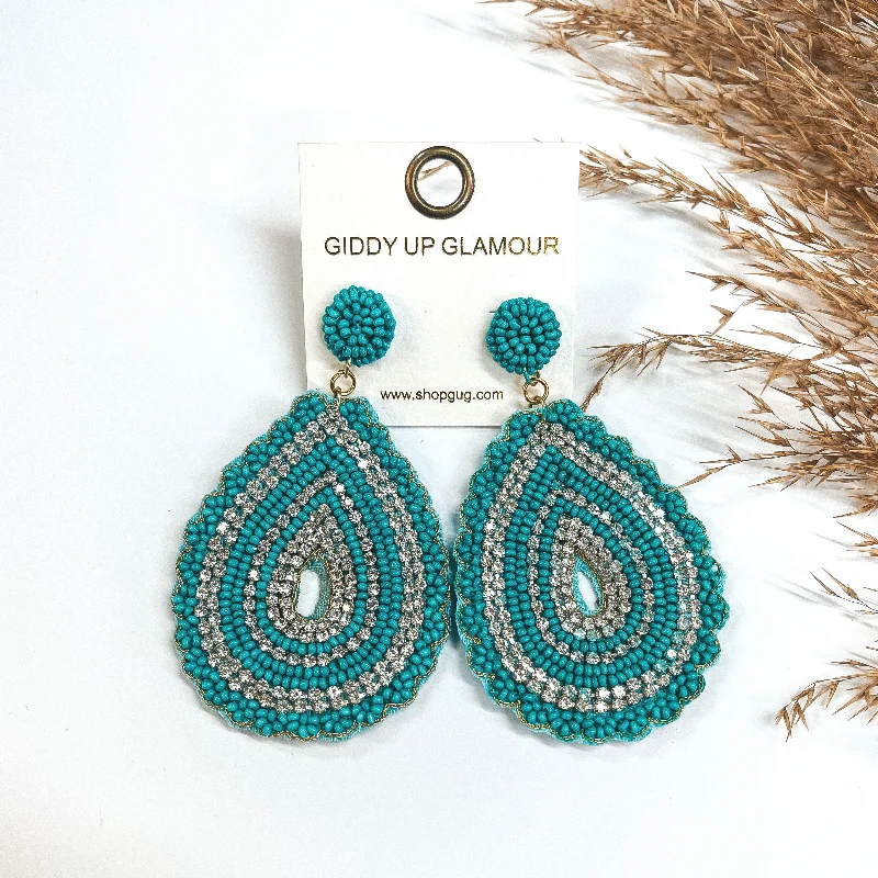 Women’s geometric drop earrings-Sound Wave Beaded Teardrop Earrings with Clear Crystals in Turquoise