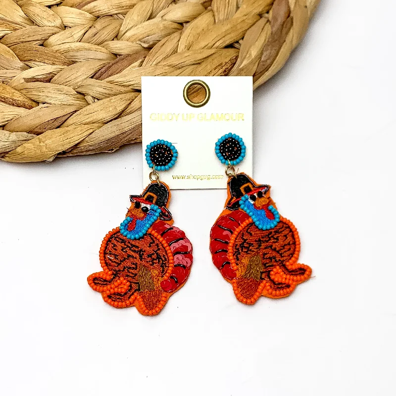 Women’s vintage earrings-Fall Time Beaded Turkey Earrings in Brown, Red, and Orange