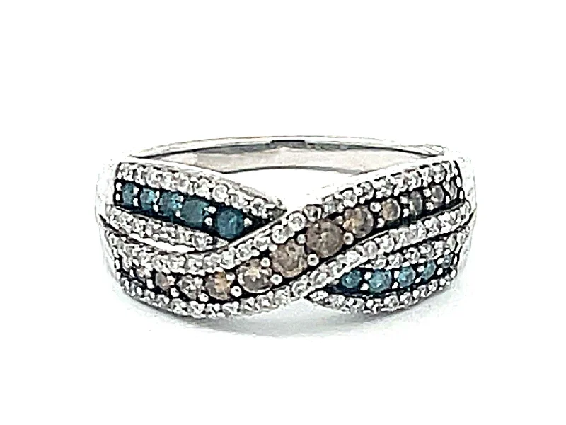 Women’s designer rings-Blue, Chocolate and White Diamond Band Ring in 14k White Gold