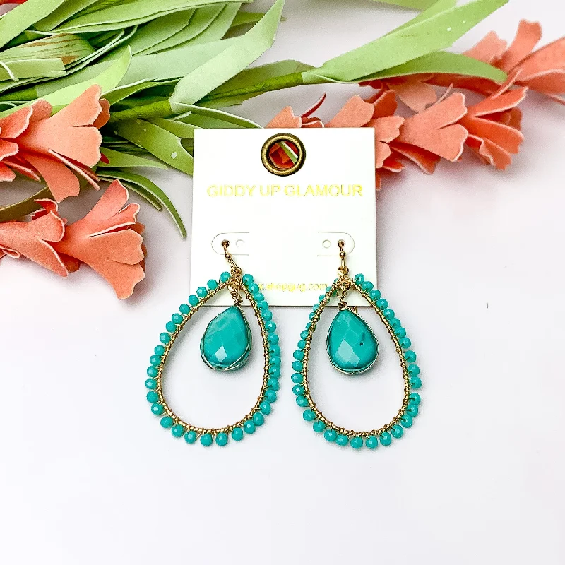 Women’s sparkly earrings-Turquoise Stone Inside Open Beaded Teardrop Earrings with Gold Tone Outline