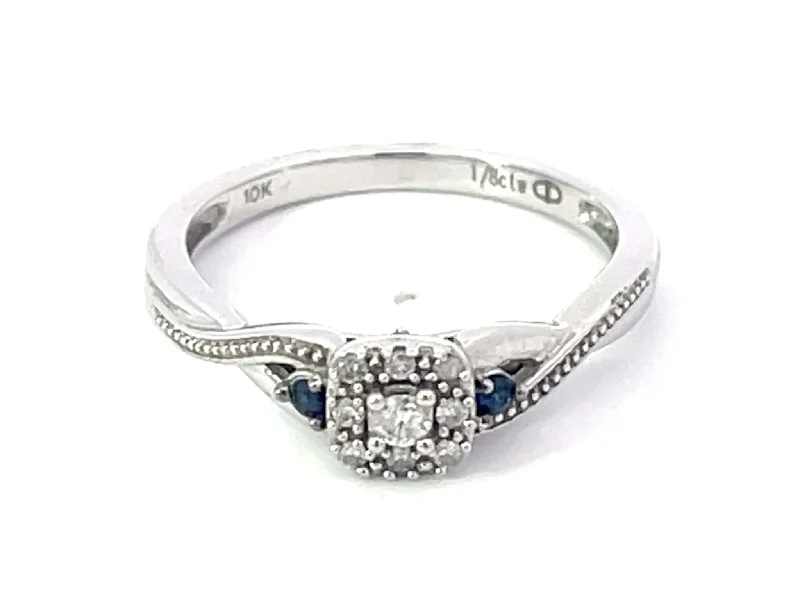 Women’s statement rings-Diamond Halo and Sapphire Ring in 10k White Gold