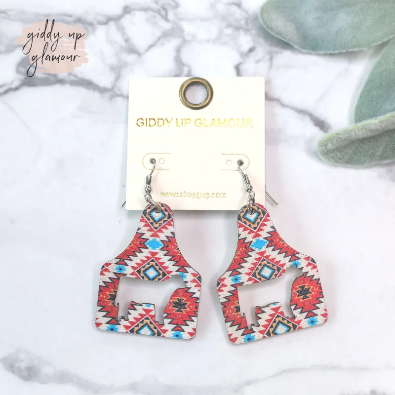 Women’s silver stud earrings-Cattle Tag Wooden Earrings in Red Aztec