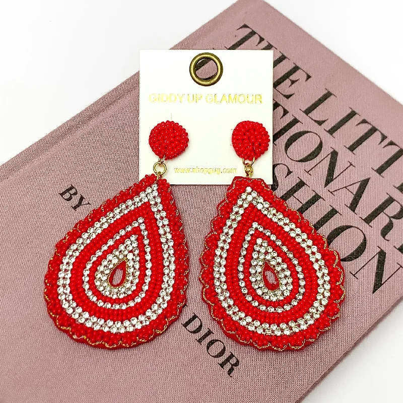 Women’s luxury hoop earrings-Sound Wave Beaded Teardrop Earrings with Clear Crystals in Red