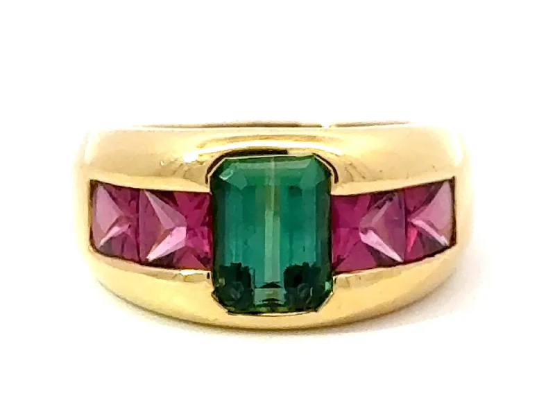 Women’s sapphire eternity rings-Pink and Green Tourmaline Ring 18k Yellow Gold