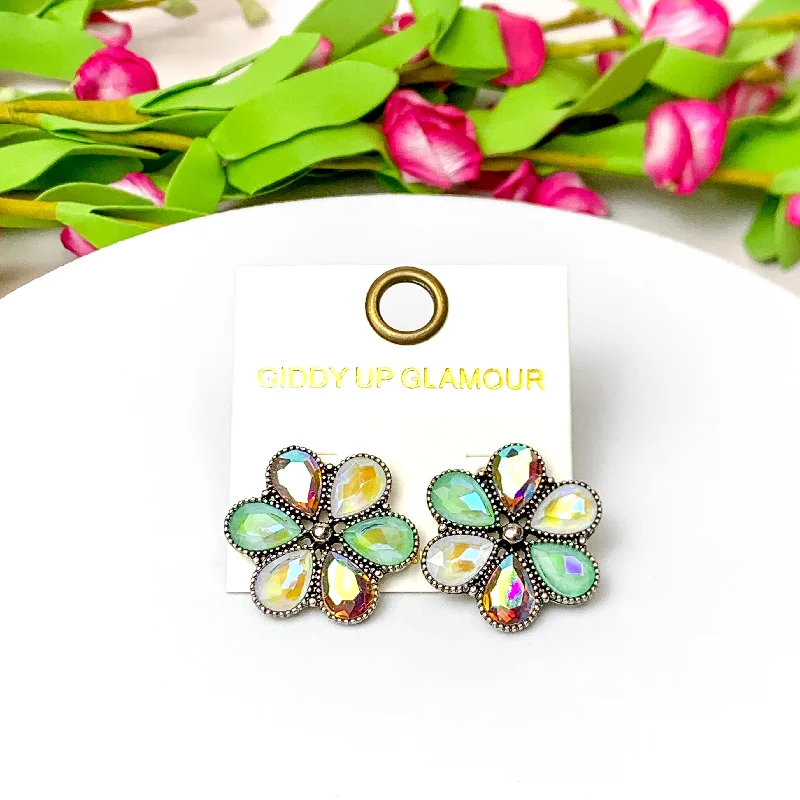 Women’s drop diamond earrings-Petal Perfection Silver Tone Flower Stud Earrings in Green and Ivory