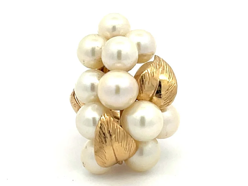 Women’s chunky rings-Mings Large Akoya Pearl and Leaf Ring in 14k Yellow Gold