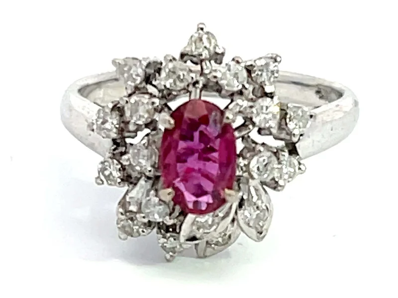 Women’s classic rings-Oval Ruby and Diamond Cluster Ring in 14k White Gold