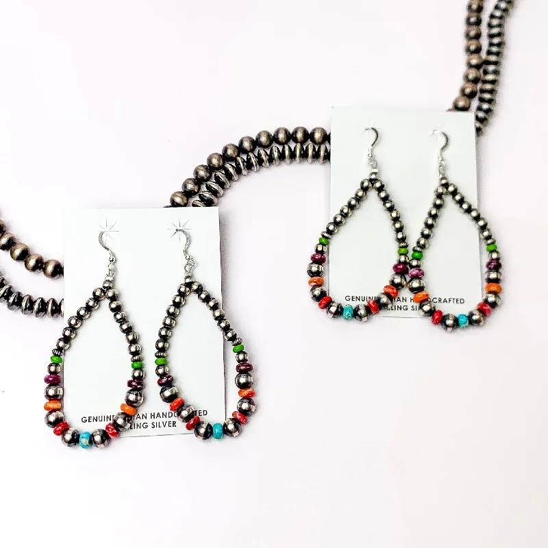 Women’s large earrings-Navajo | Navajo Handmade Sterling Silver Navajo Pearl Teardrop Earrings with Green, Blue, Purple, and Orange Spacers