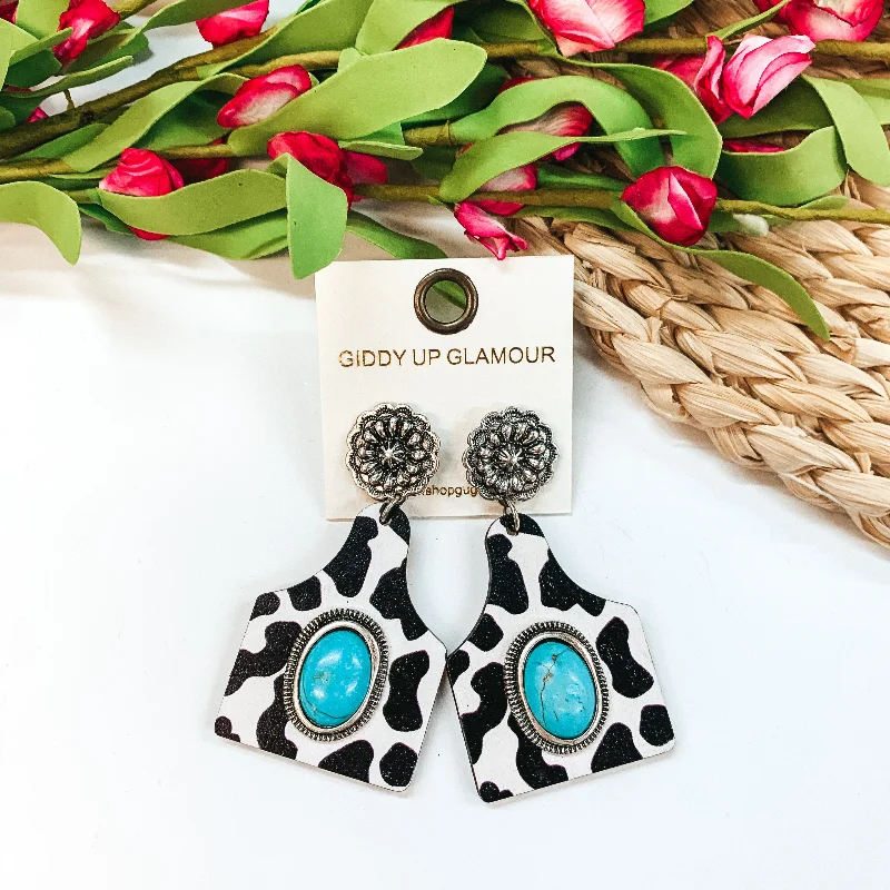 Women’s trendy gold earrings-Concho Post Ear Tag Earrings with Turquoise Stone in Cowprint