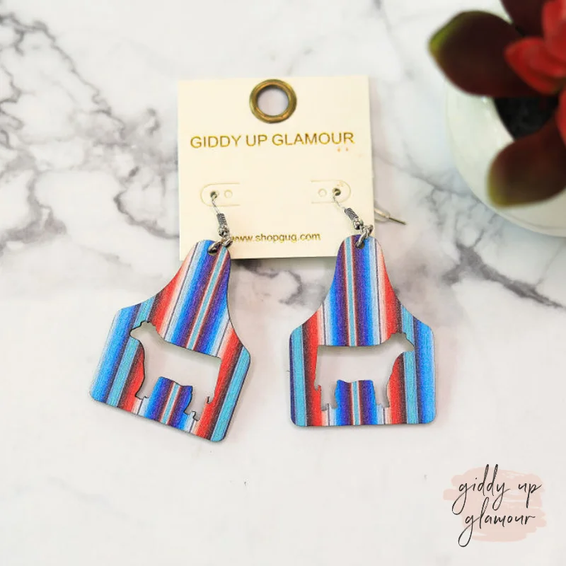 Women’s layered earrings-Cattle Tag Wooden Earrings in Blue Serape