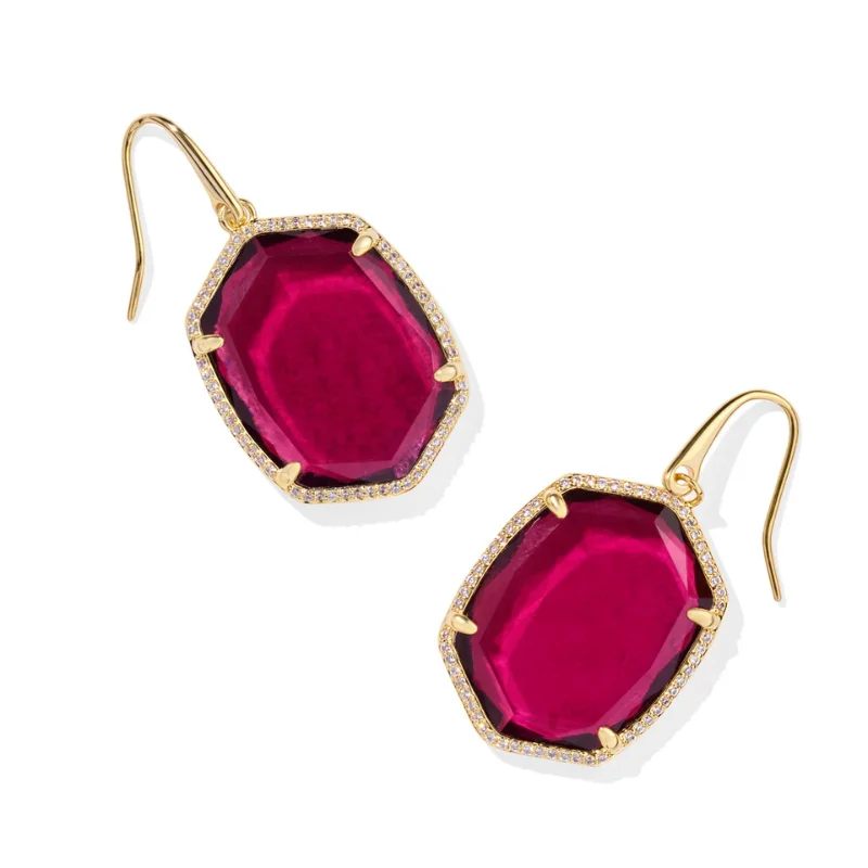 Women’s halo earrings-Kendra Scott | Daphne Pave Frame Gold Drop Earrings in Berry Mica