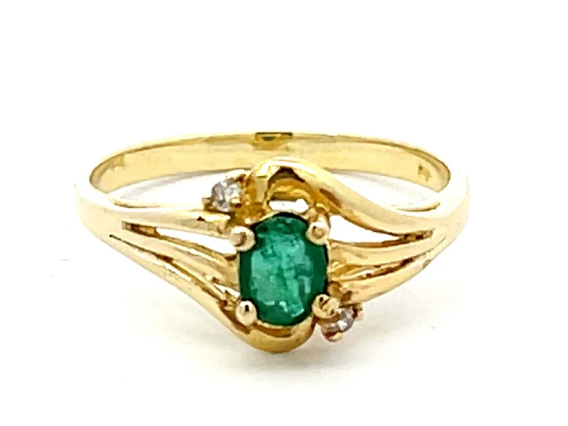 Women’s infinity engagement rings-Oval Green Emerald and 2 Diamond Stackable Ring in 14k Yellow Gold