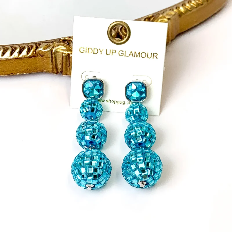 Women’s birthstone earrings-Cushion Crystal Post Disco Ball Dangle Earrings in Turquoise Blue