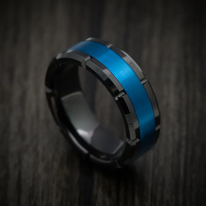 Black Tungsten Men's Ring with Anodized Blue Inlay