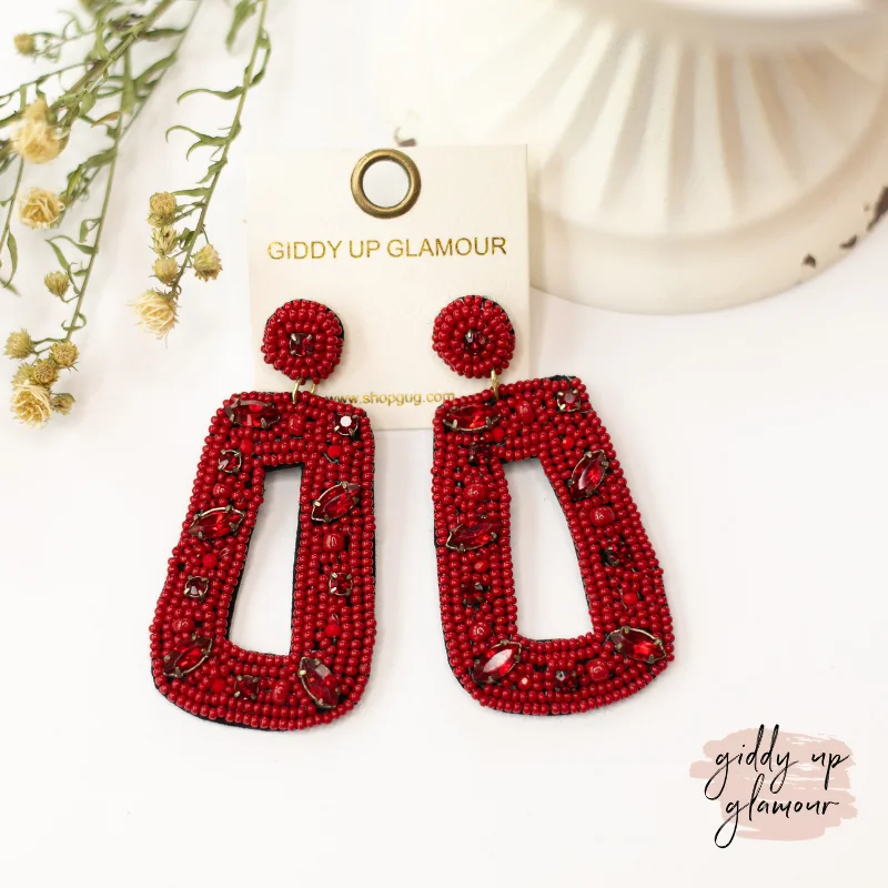 Women’s double-drop earrings-Seed Bead Rectangle Drop Earrings with Crystals in Burgundy