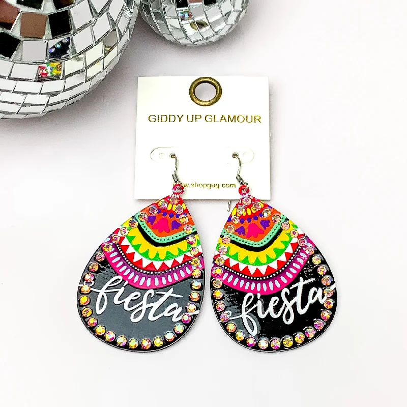 Women’s matching earrings and necklace sets-Fiesta Teardrop Earrings with AB Crystal Outline in Black