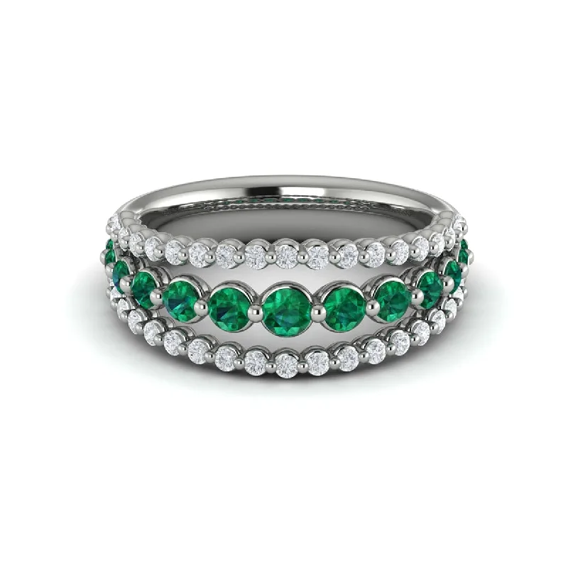 Three Row Diamond and Emerald Statement Ring