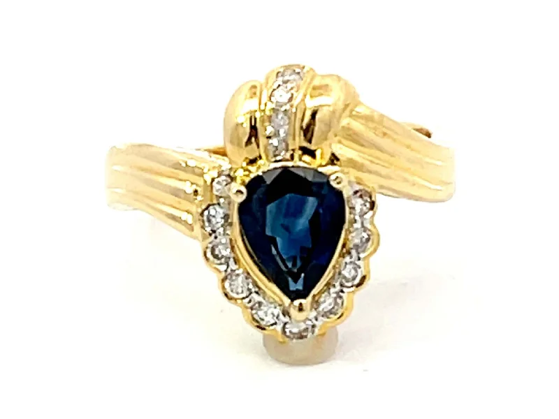 Women’s halo ruby rings-Vintage Pear Shaped Sapphire and Diamond Halo Ring in 18k Yellow Gold