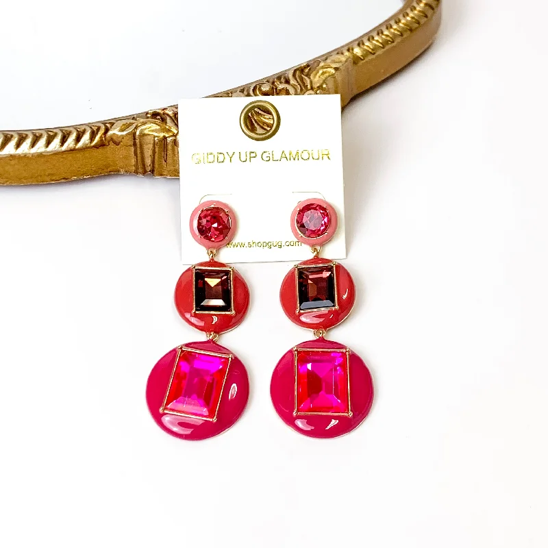 Women’s sparkly earrings-3 Tier Multicolor Enamel Framed Stone Drop Earrings in Fuchsia Pink