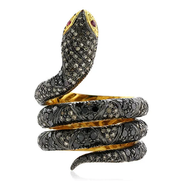 Women’s halo ruby rings-Black Diamond Snake Ring