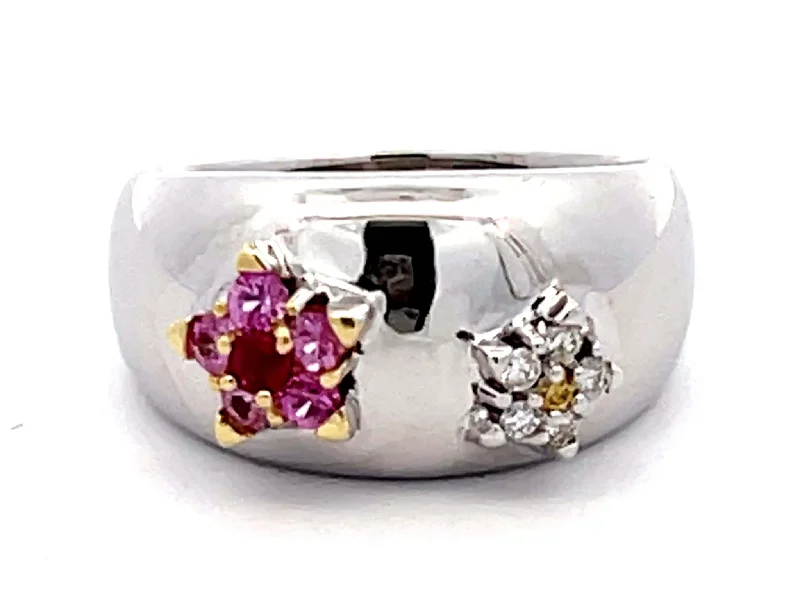 Women’s cluster rings-Ruby, Pink Sapphire, White and Yellow Diamond Flower Dome Ring 18k White Gold