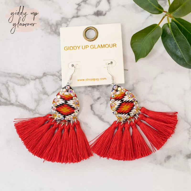 Women’s celestial earrings-Aztec Print Tassel Earrings in Red