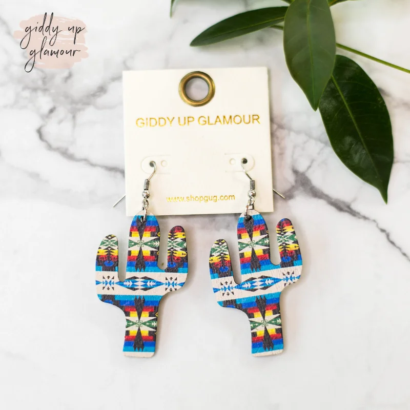 Women’s drop diamond earrings-Cactus Wooden Earrings in Aztec