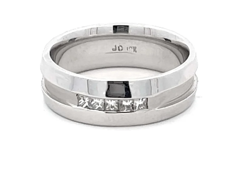 Women’s diamond band rings-Mens 5 Princess Cut Diamond Satin Finish Center Band Ring in 18k White Gold