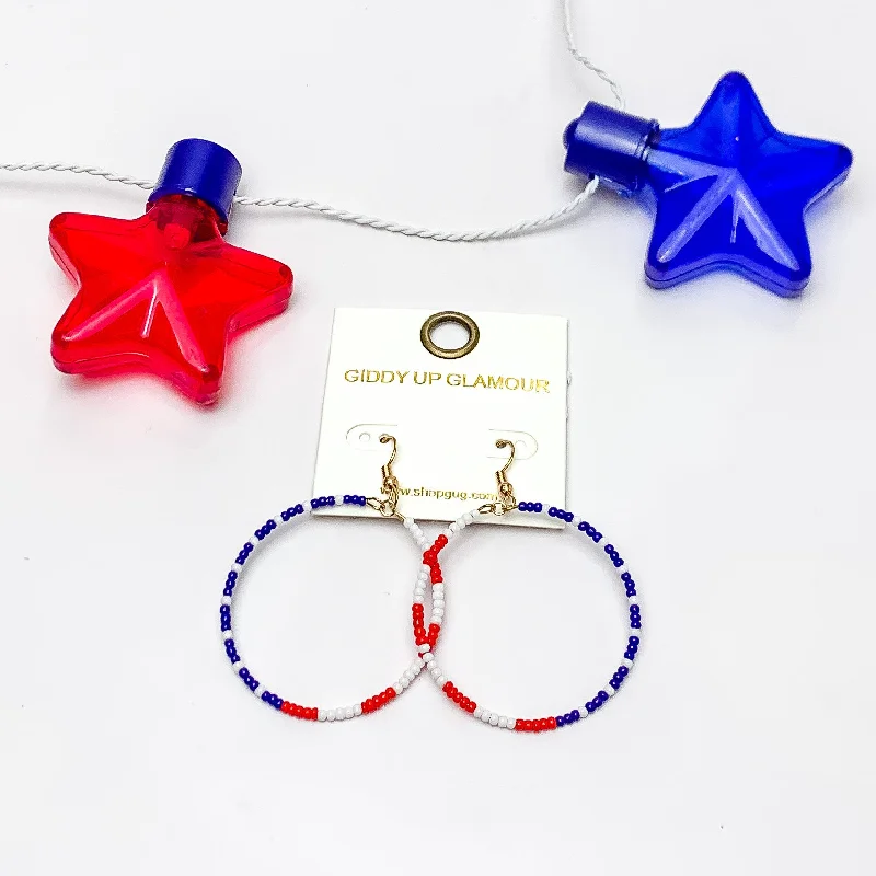 Women’s handmade earrings-Red, White, And Blue Beaded Circle Earrings