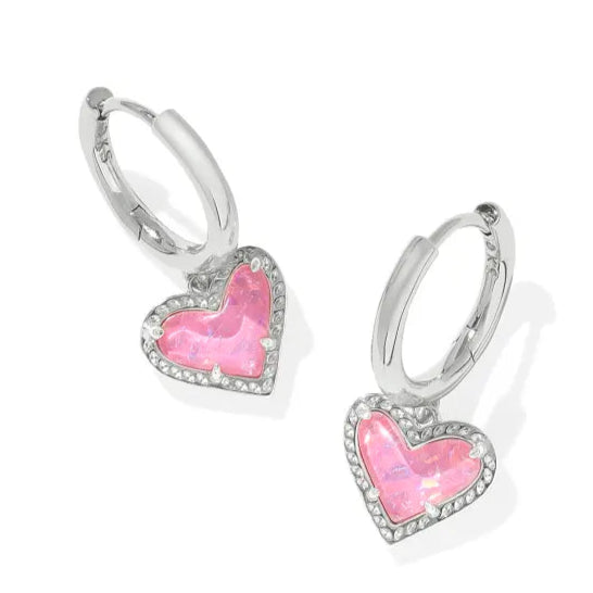 Women’s statement earrings-Kendra Scott | Ari Heart Silver Huggie Earrings in Pink Iridescent Glitter Glass