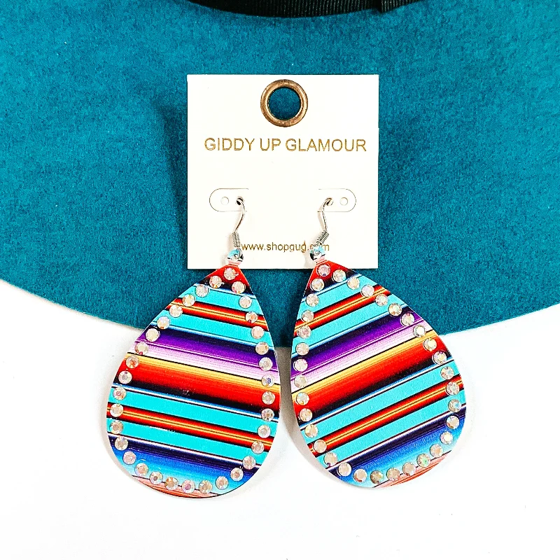 Women’s romantic earrings-Serape Print Teardrop Earrings with AB Crystals in Turquoise Mix