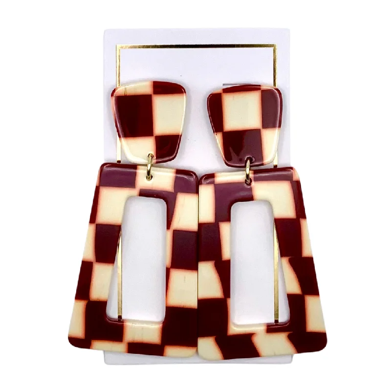 Women’s minimalist earrings-Linny Co | Kennedy Rectangular Drop Earrings in Maroon Checker