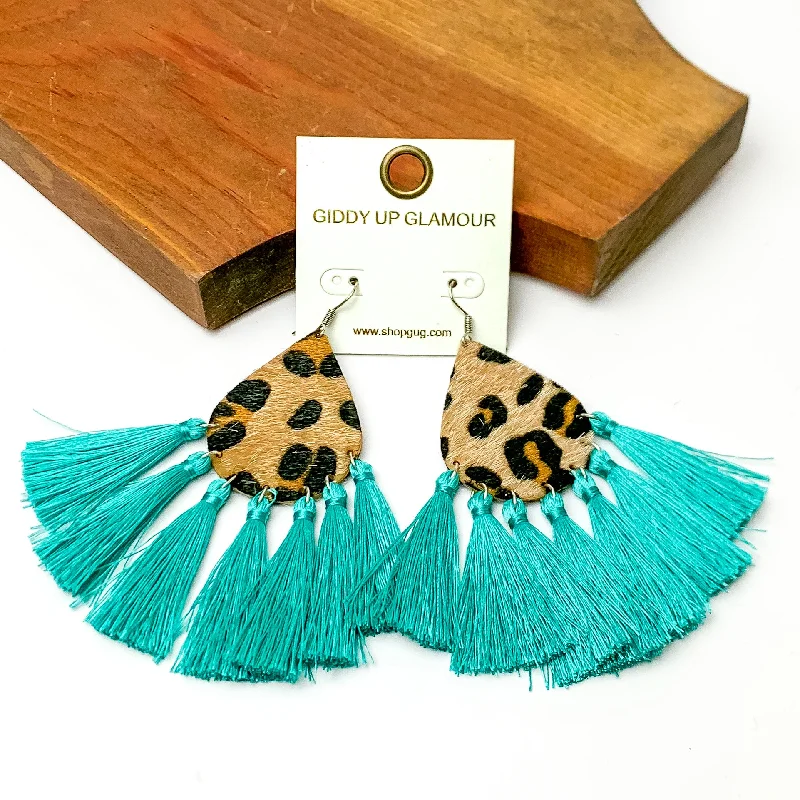 Women’s chunky earrings-Leopard Teardrop Earrings with Tassel Trim in Turquoise