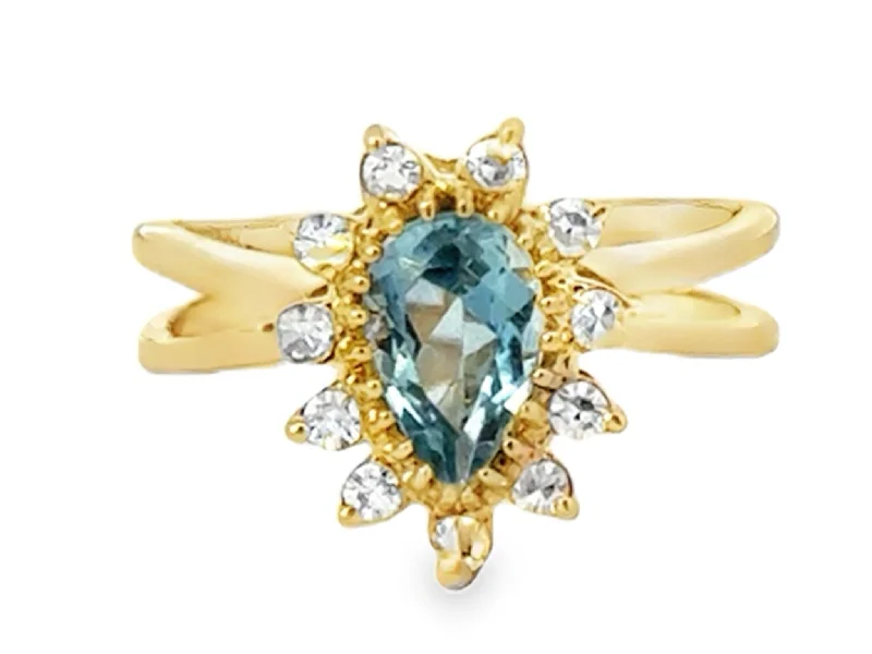 Women’s luxury statement rings-Pear Shaped Aquamarine and Diamond Halo Ring 14k Yellow Gold