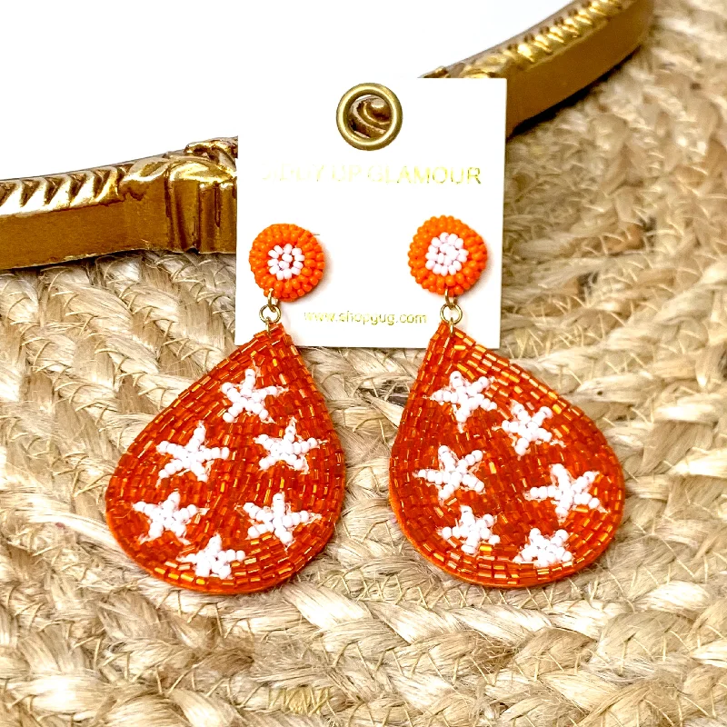 Women’s diamond earrings-Beaded Teardrop Dangle Earrings with Stars in Orange and White