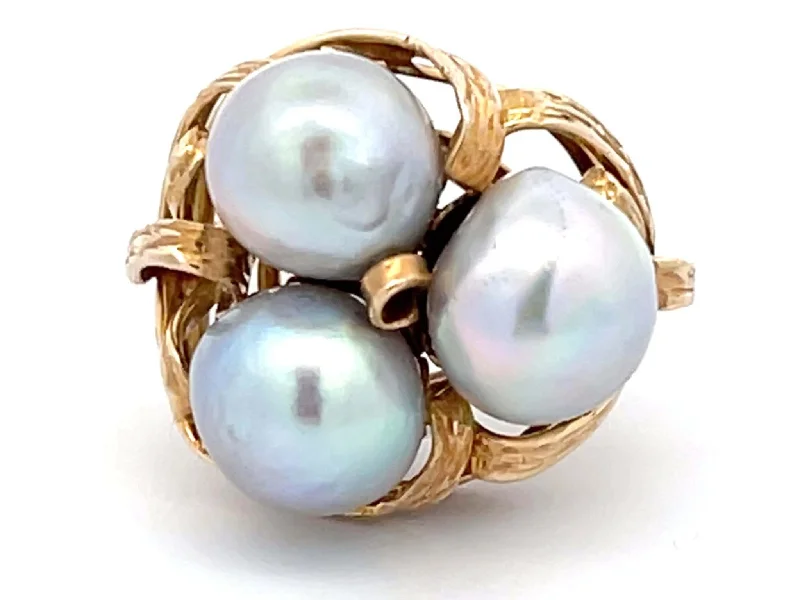 Women’s pearl rings-Mings Three Silver Pearl Ring in 14k Yellow Gold