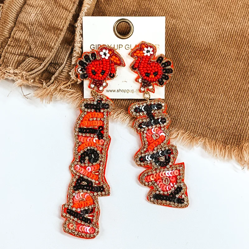 Women’s emerald earrings-Happy Turkey Day Beaded Earrings in Orange and Dark Brown