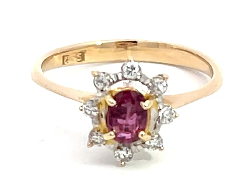 Women’s wedding rings-Oval Ruby and Diamond Halo Ring in 14k Yellow Gold