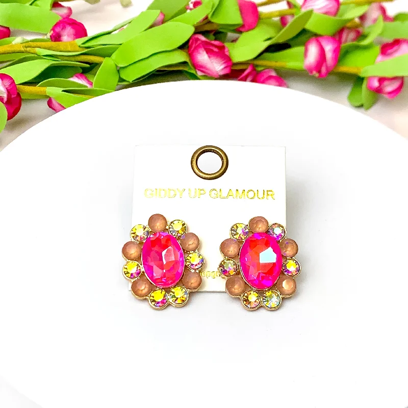 Women’s dangle earrings-Elegant Echoes Gold Tone Oval Concho Stud Earrings in Fuchsia Pink