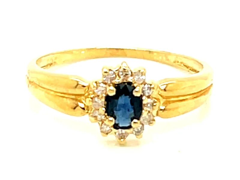 Women’s custom rings-Blue Sapphire Diamond Halo Ring in 14k Yellow Gold