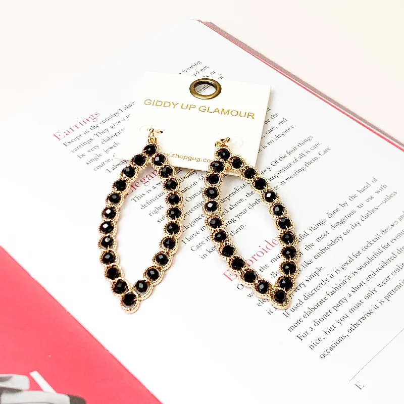 Women’s vintage earrings-Gold Tone Wire Ellipse Earrings with Black Crystal Beads