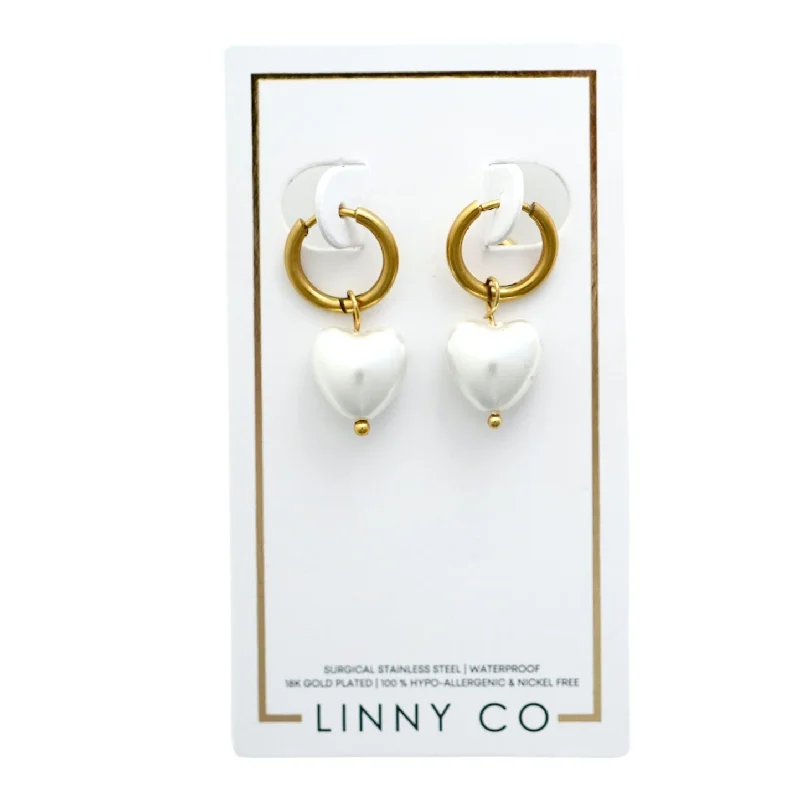 Women’s vintage earrings-Linny Co | Willa Gold Tone Huggie Hoops with Dangling Heart Pearls