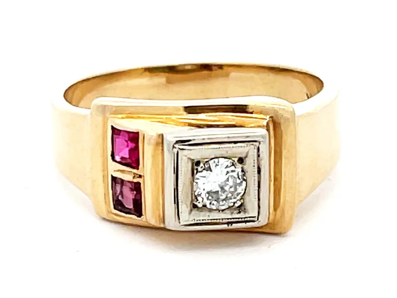 Women’s birthstone rings-Mens Vintage Ruby and Diamond Retro Ring in 14k Yellow Gold