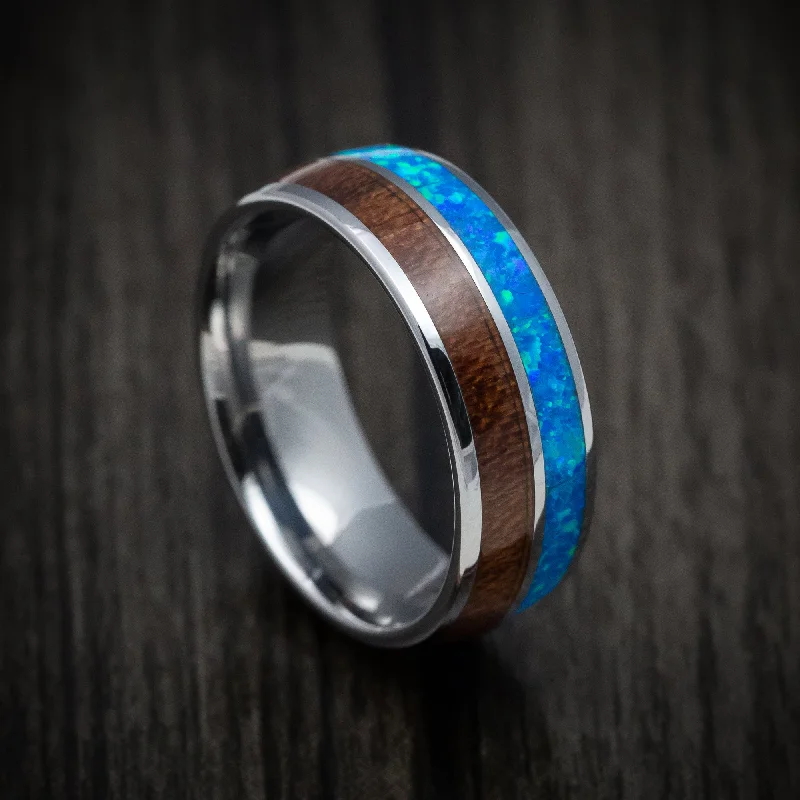 Tungsten Men's Ring with Opal and Koa Wood Inlays Custom Made Band