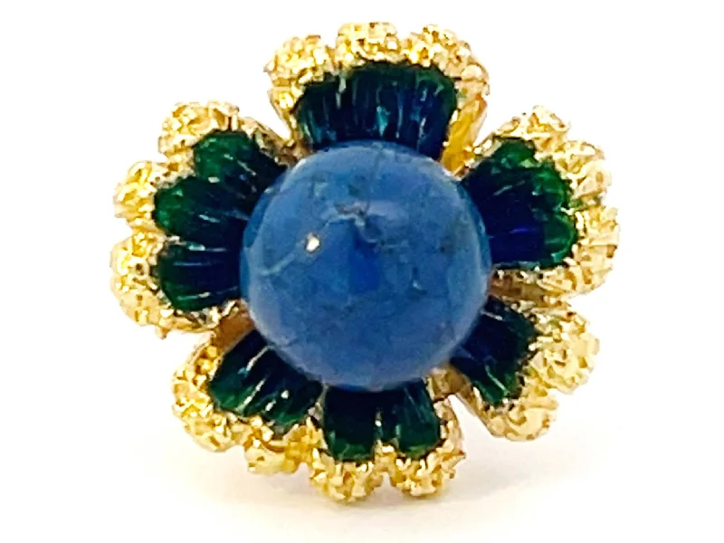 Women’s floral rings-Vintage Lapis Lazuli Enamel Flower Ring 18k Yellow Gold