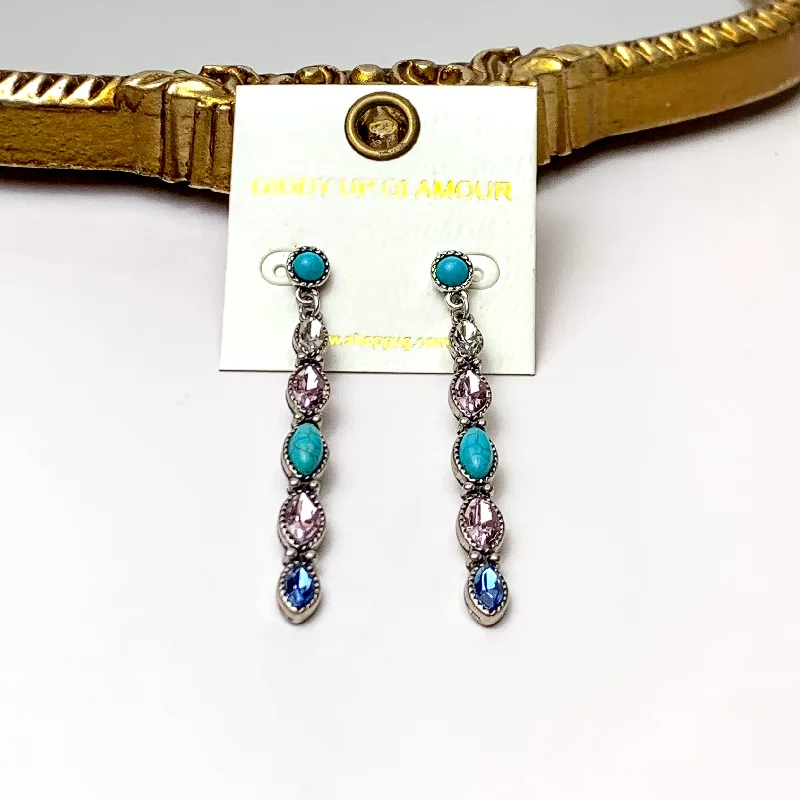 Women’s custom-designed earrings-Thin Bar Faux Turquoise and Multicolor Marquis Crystal Drop Earrings