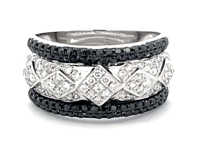 Women’s chic rings-Black and White Diamond Wide Band Ring 18k White Gold